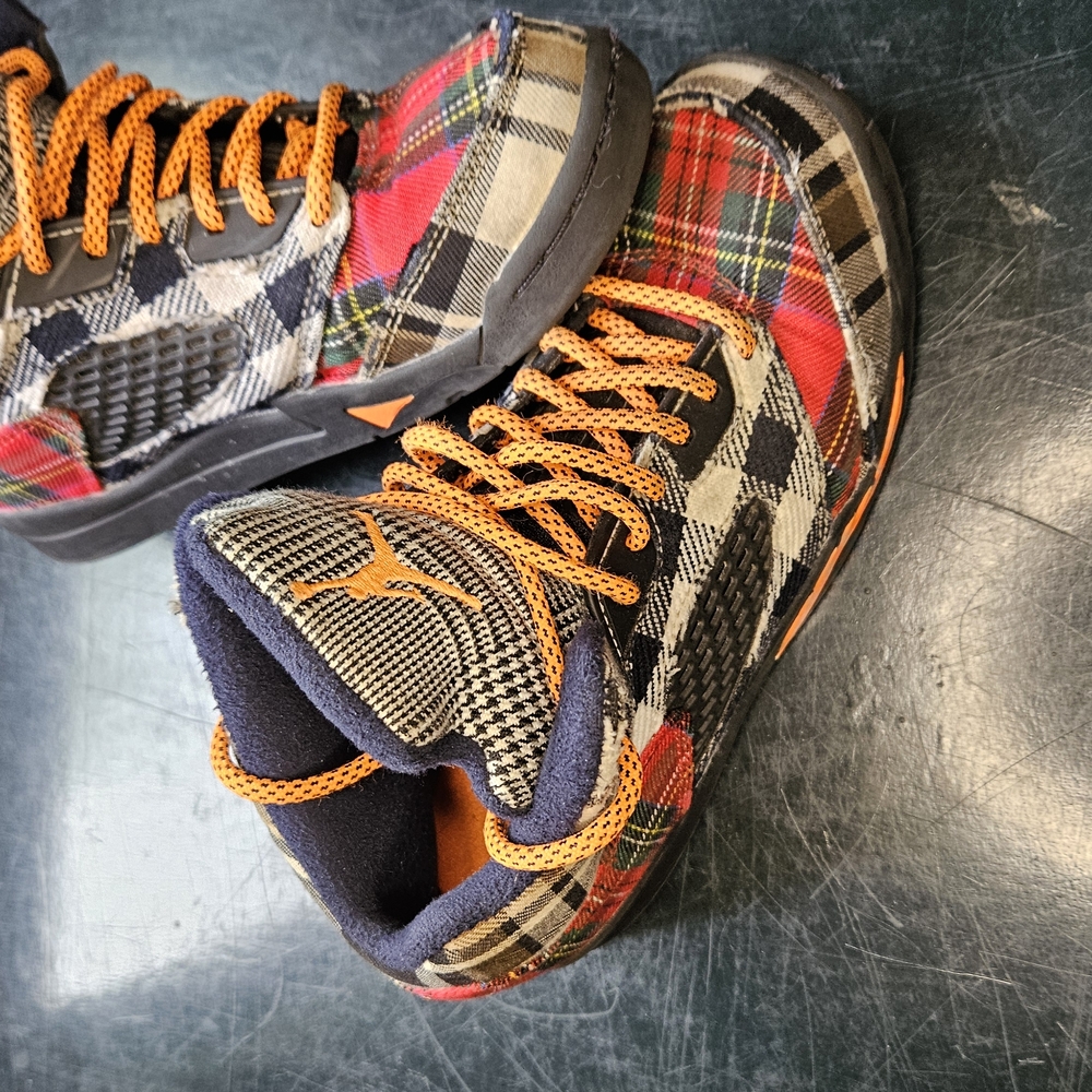 Jordan Kids' Plaid High-Top Sneaker — Red, Black, White, Orange, Brown